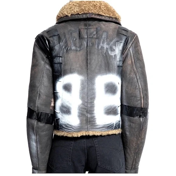 Balenciaga Paint Logo Taped Genuine Shearling Bomber Jacket - Picture 3 of 16